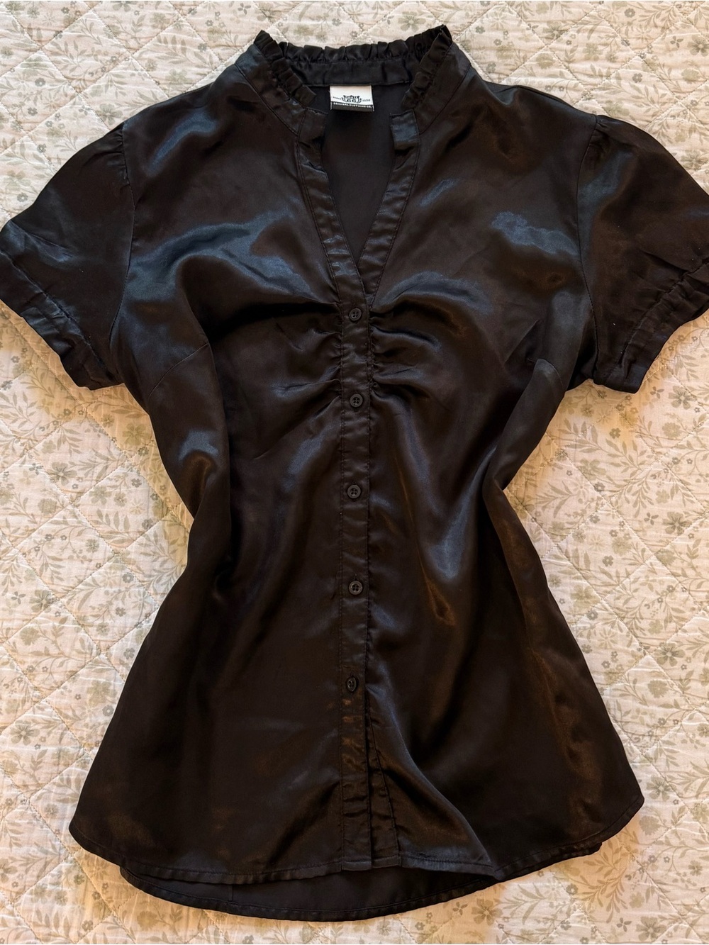Ann Taylor Black Satin Short Sleeve Ruffled V-Neck Blouse